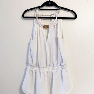 White Keyhole Halter Blouse with Gold Chain Neck